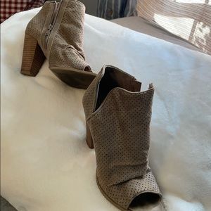 tan open toe bootie heels